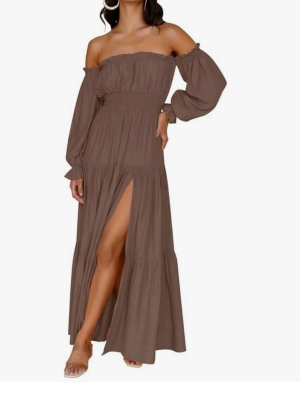 Zessica Maxi Dress w/ Thigh-high Slit  Boho Ling Sleevele Off the Shoulder L NWT
